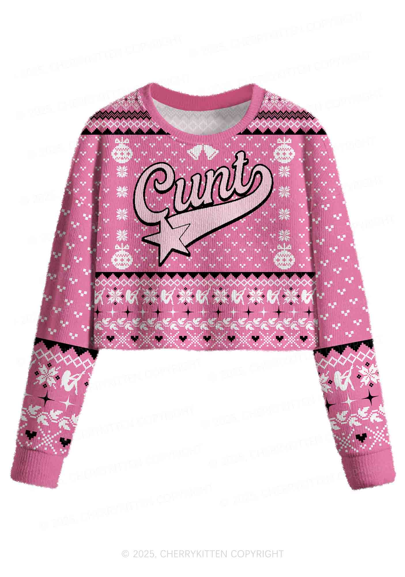 Pink Cxxt Star Y2K Christmas Crop Knit Sweatshirt Cherrykitten