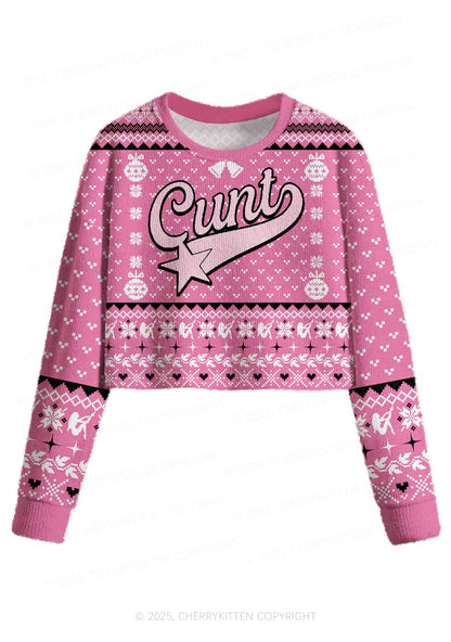 Pink Cxxt Star Y2K Christmas Crop Knit Sweatshirt Cherrykitten