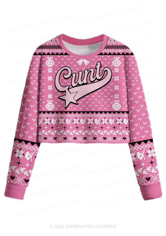 Pink Cxxt Star Y2K Christmas Crop Knit Sweatshirt Cherrykitten