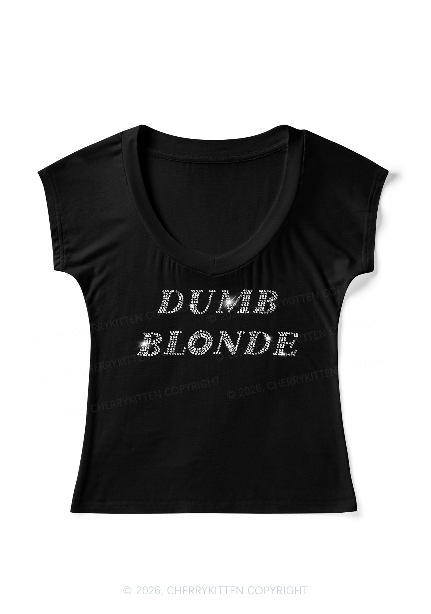 Rhinestone Dumb Blonde Y2K V Neck T Shirts Cherrykitten