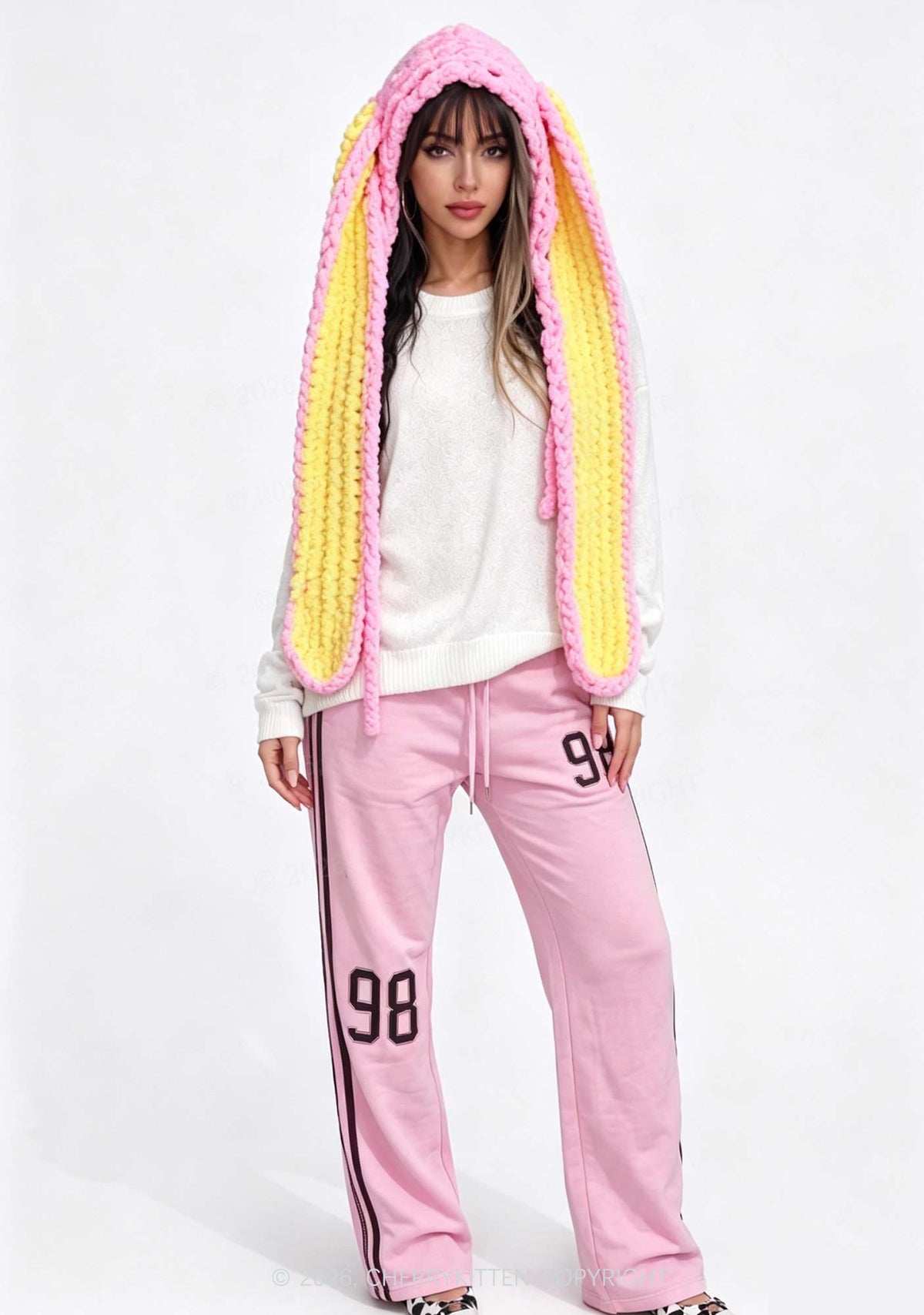 Halloween Pink And Yellow Bunny Ear Y2K Knitted Hat Cherrykitten