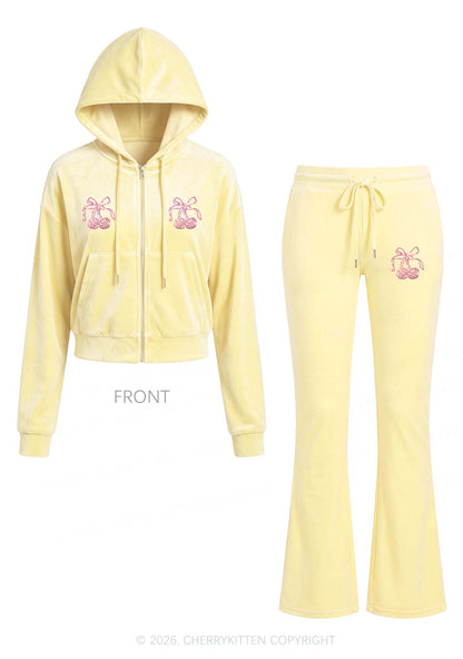 Rhinestone Pink Cherry Y2K Velvet Tracksuit Set Cherrykitten