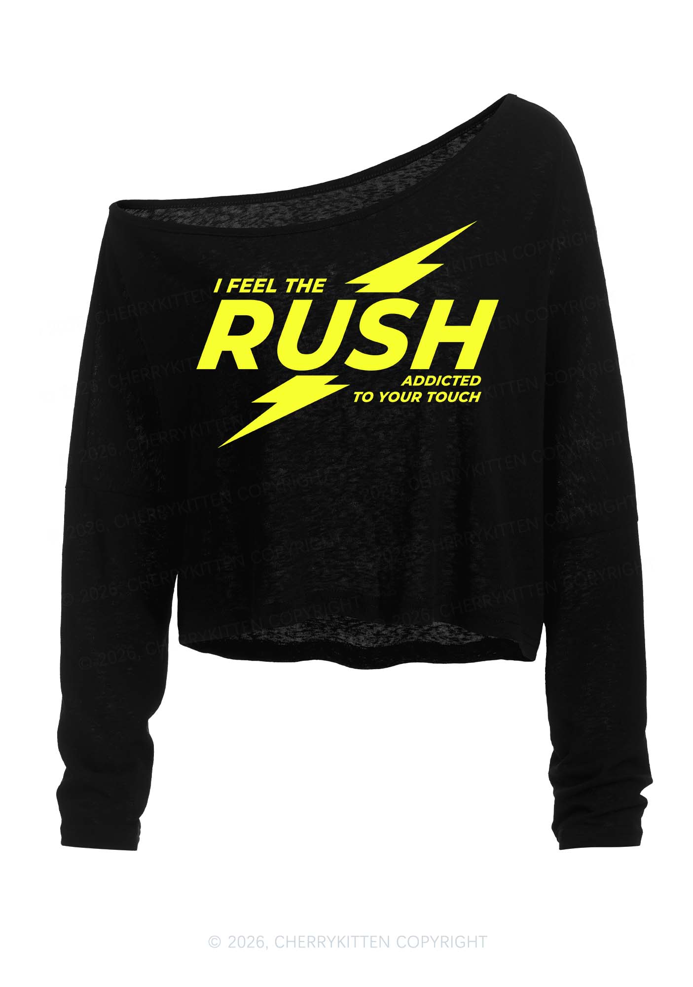 I Feel The Rush Y2K Off Shoulder Long Sleeve Crop Top Cherrykitten