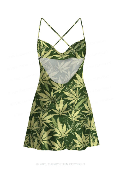 Green Wxxd Leaf Y2K Print Satin Cowl Neck Slip Dress Cherrykitten