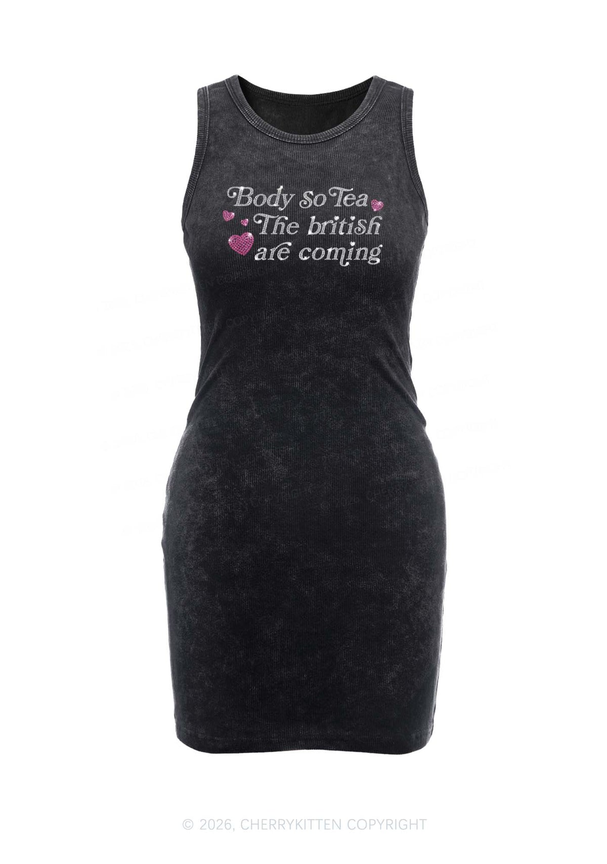 Rhinestone Body So Tea Y2K Washed Tank Dress Cherrykitten