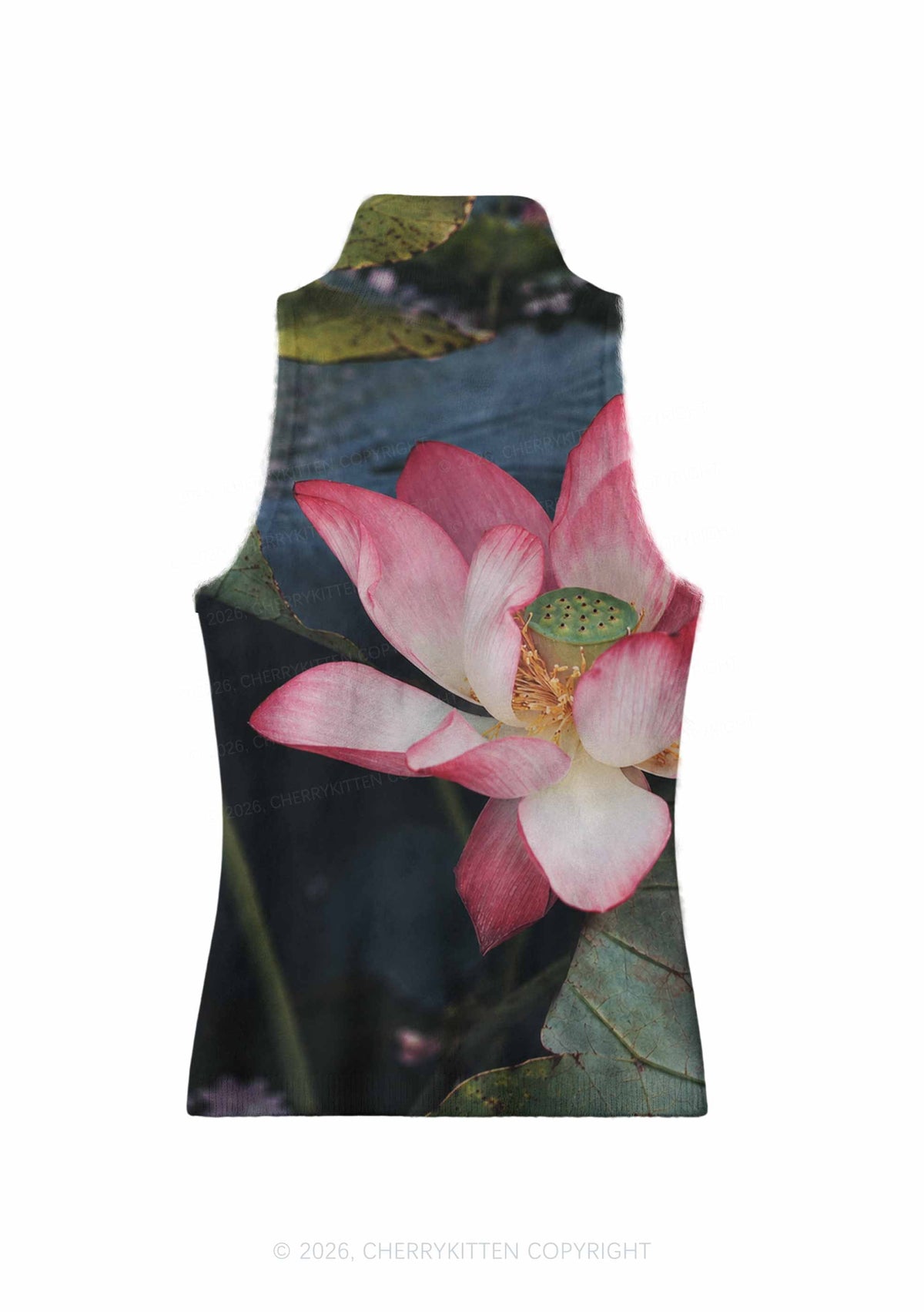 Pink Lotus Pond Y2K Knit Turtleneck Tank Top Cherrykitten