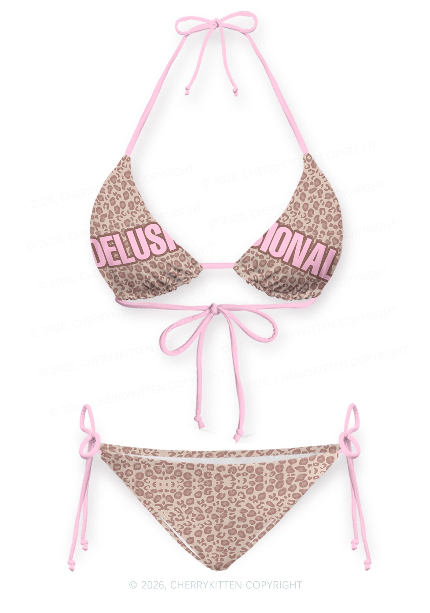 Pink Delusional Leopard Y2K Print Bikini Set Cherrykitten