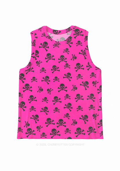 Hot Pink Skulls Y2K Mesh Muscle Tank Cherrykitten