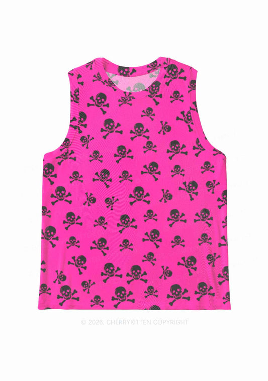 Hot Pink Skulls Y2K Mesh Muscle Tank Cherrykitten