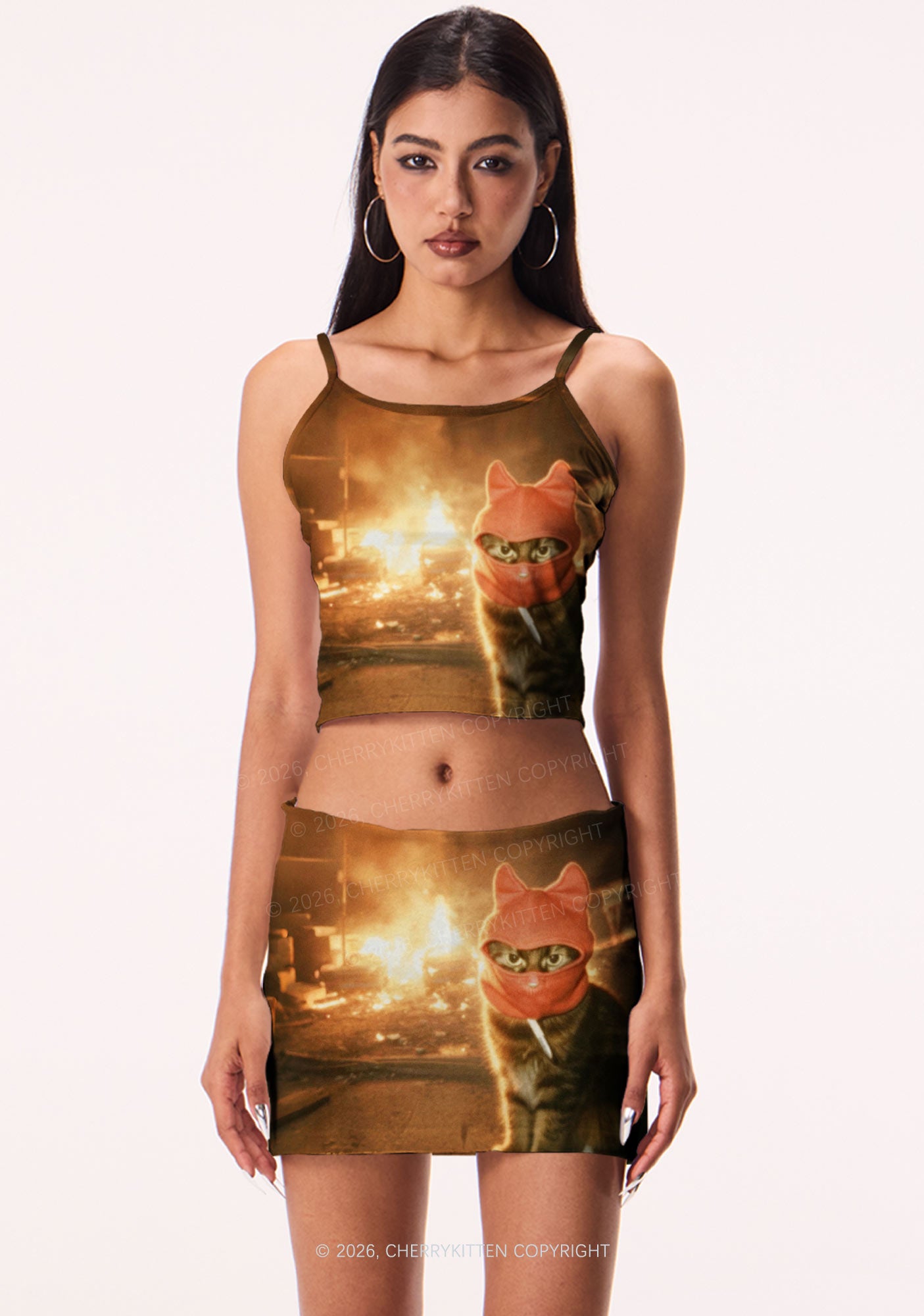 Halloween Red Ear Hood Cat Y2K Print Mini Skirt Cherrykitten