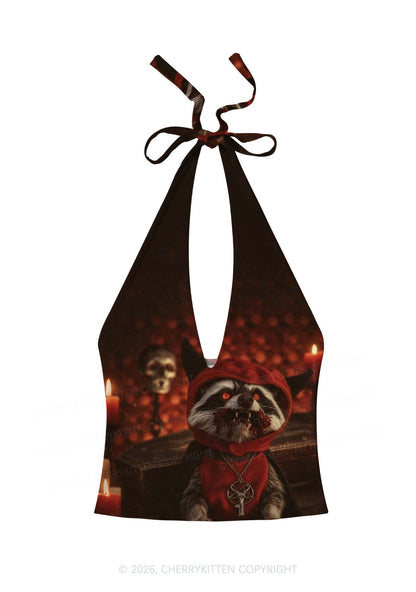 Halloween Vampire Raccoon Y2K Print Halter Deep V Neck Cami Cherrykitten