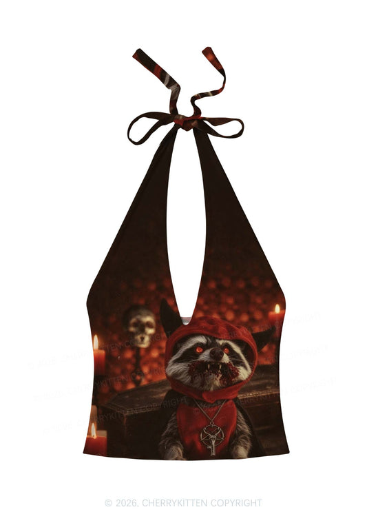 Halloween Vampire Raccoon Y2K Print Halter Deep V Neck Cami Cherrykitten