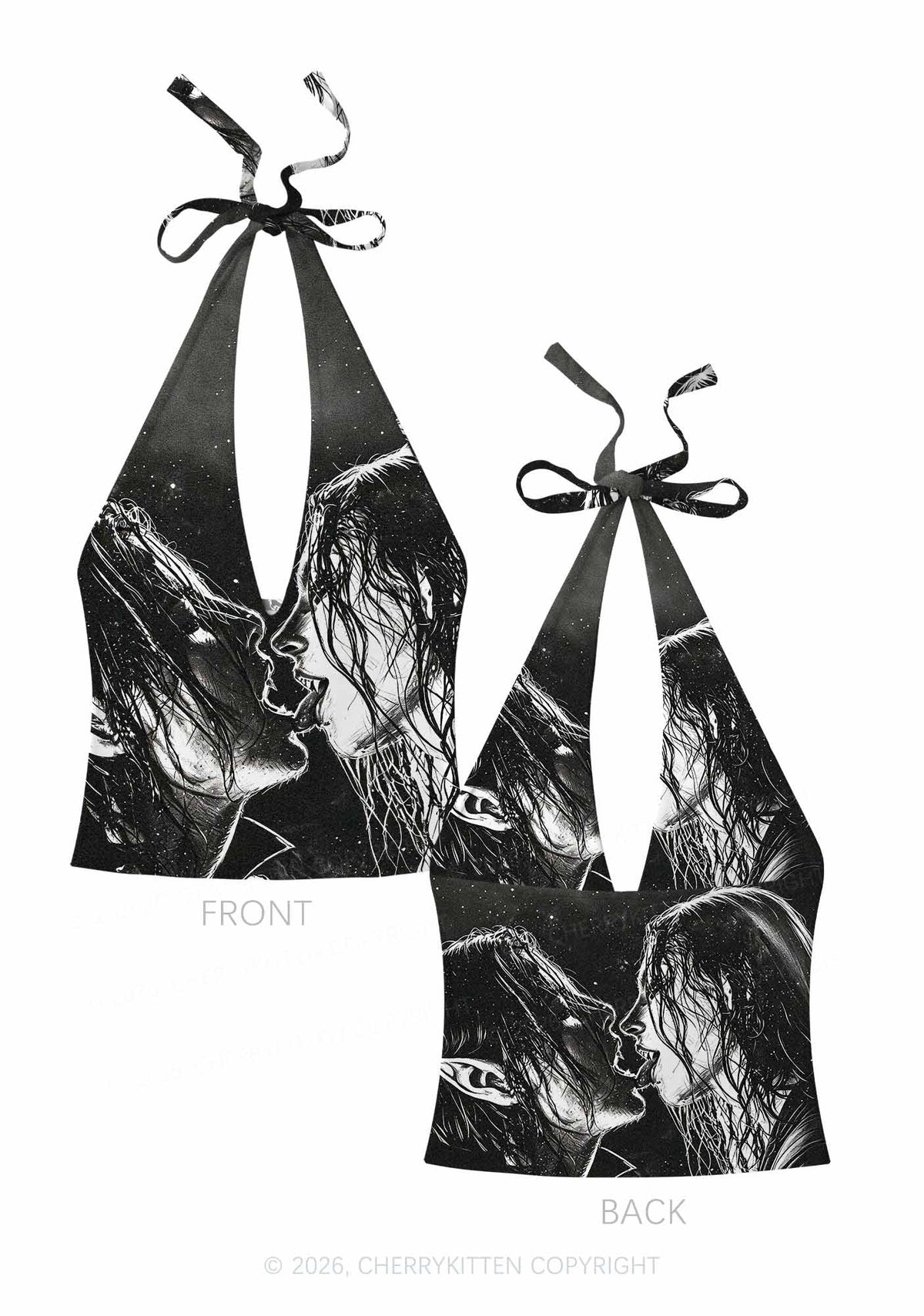 Halloween Two Vampire Figures Y2K Print Halter Deep V Neck Cami Cherrykitten