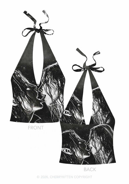 Halloween Two Vampire Figures Y2K Print Halter Deep V Neck Cami Cherrykitten