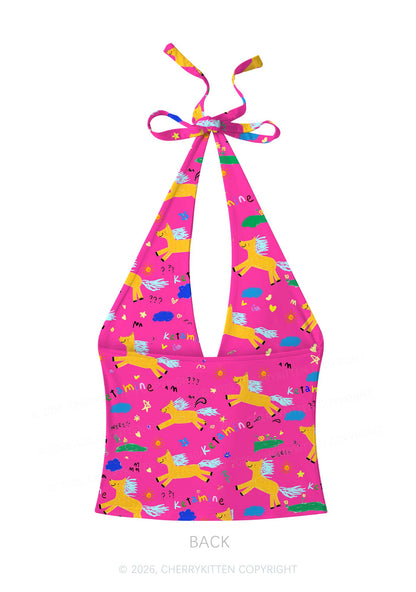 Orange Pony On Hot Pink Y2K Print Halter Deep V Neck Cami Cherrykitten