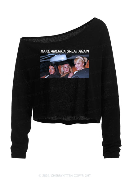 Make America Great Y2K Off Shoulder Long Sleeve Crop Top Cherrykitten