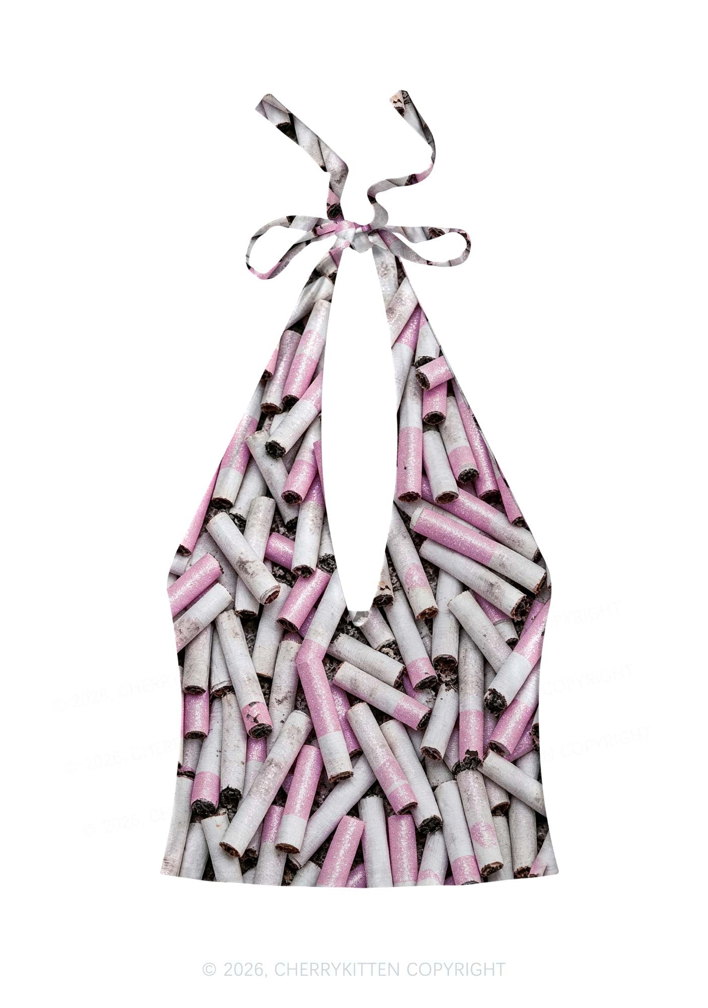 Pink White Cigarette Y2K Print Halter Deep V Neck Cami Cherrykitten