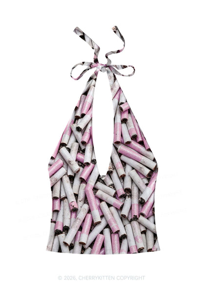 Pink White Cigarette Y2K Print Halter Deep V Neck Cami Cherrykitten