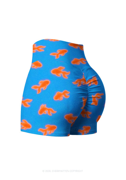 Orange Goldfish On Blue Y2K Print Gym Shorts Cherrykitten