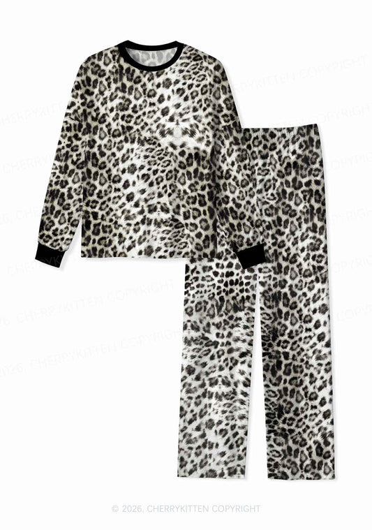 Snow Leopard Y2K Print Long Sleeve Pajama Set Cherrykitten