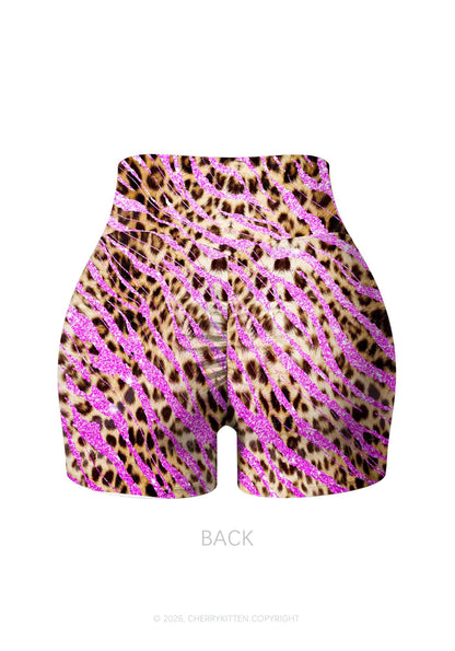 Sparkle Pink Leopard Y2K Print Gym Shorts Cherrykitten