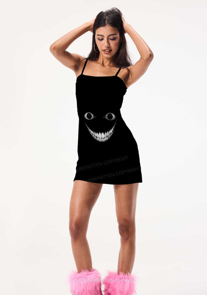 Halloween Black Creepy Grin Y2K Print Slip Dress Cherrykitten