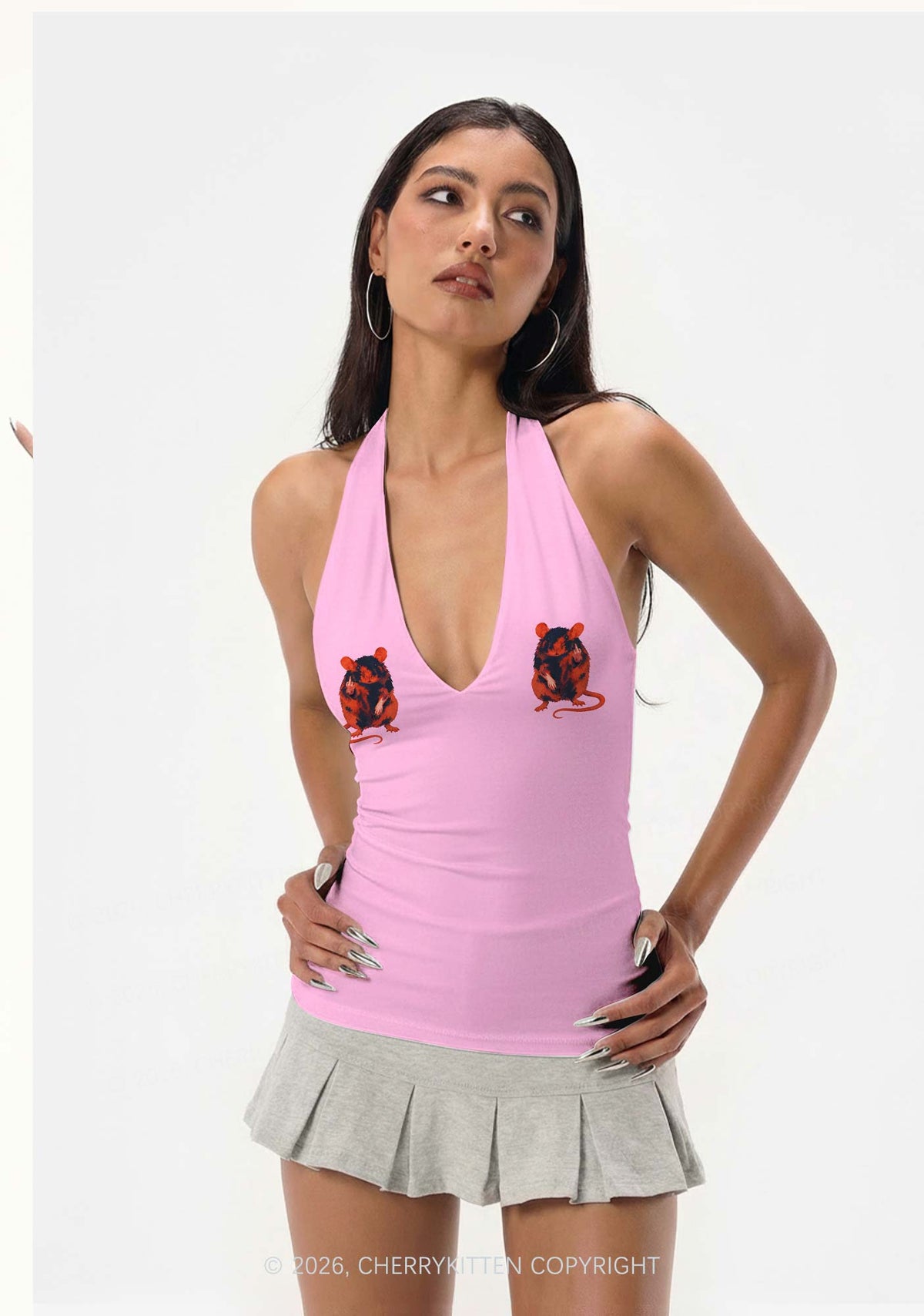 Sassy Rat Y2K Print Halter Deep V Neck Cami Cherrykitten