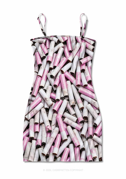 Pink White Cigarette Y2K Print Slip Dress Cherrykitten