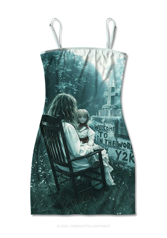 Halloween Graveyard Doll Y2K Print Slip Dress Cherrykitten