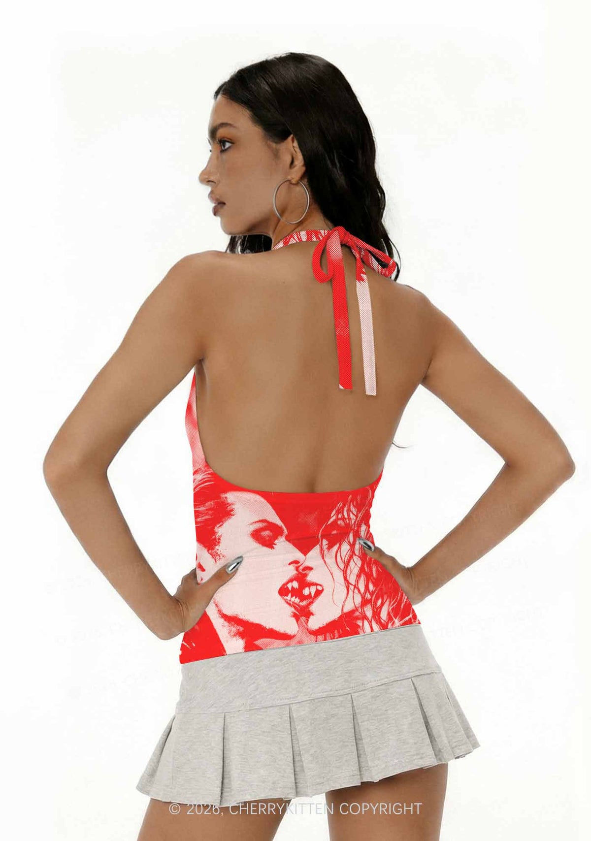 Halloween Red Pixels Vampire Couple Y2K Print Halter Deep V Neck Cami Cherrykitten