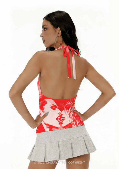 Halloween Red Pixels Vampire Couple Y2K Print Halter Deep V Neck Cami Cherrykitten