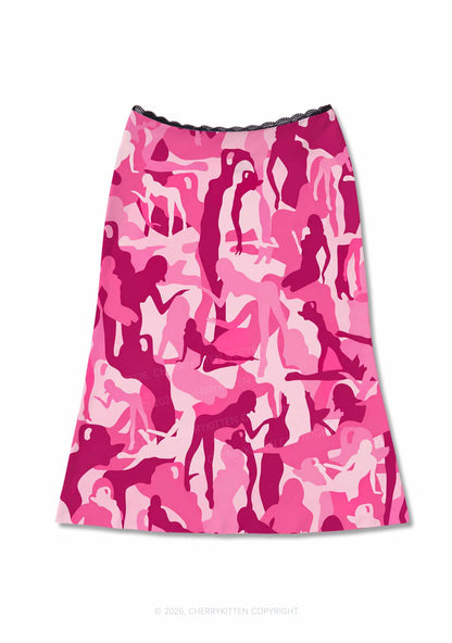 Pink Camo Women Figure Y2K Print Midi Skirt Cherrykitten
