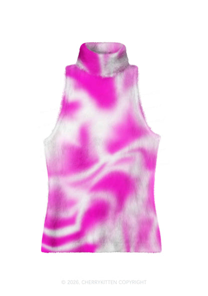 Pink And White Swirl Y2K Knit Turtleneck Tank Top Cherrykitten