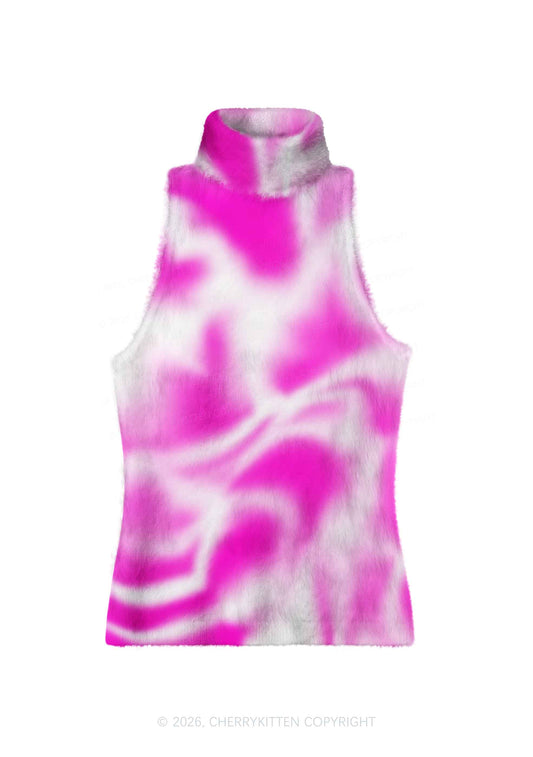 Pink And White Swirl Y2K Knit Turtleneck Tank Top Cherrykitten