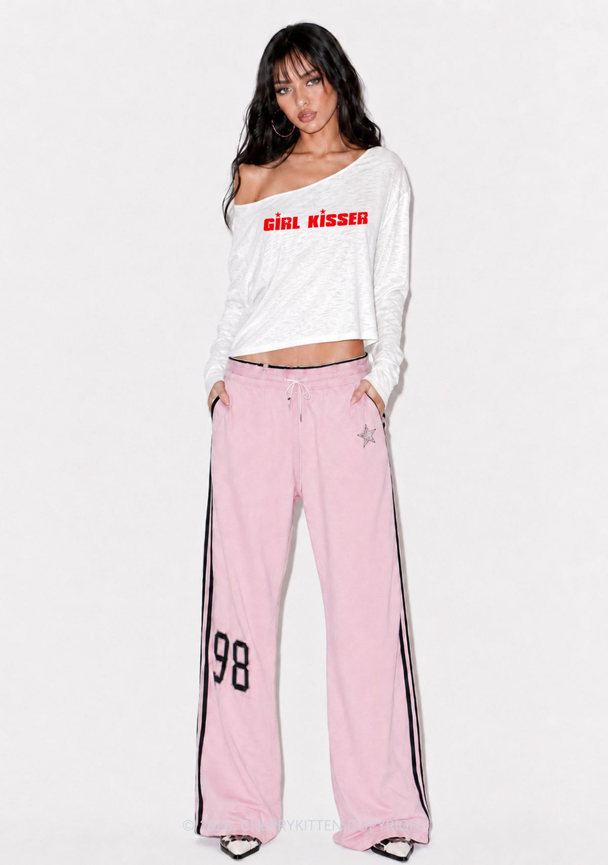 Girl Kisser Star Y2K Off Shoulder Long Sleeve Crop Top Cherrykitten