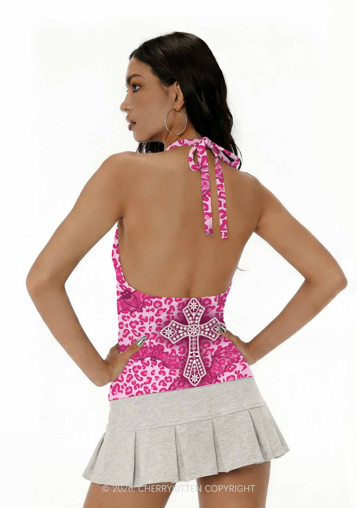 Halloween Pink Leopard Bat Cross Y2K Print Halter Deep V Neck Cami Cherrykitten