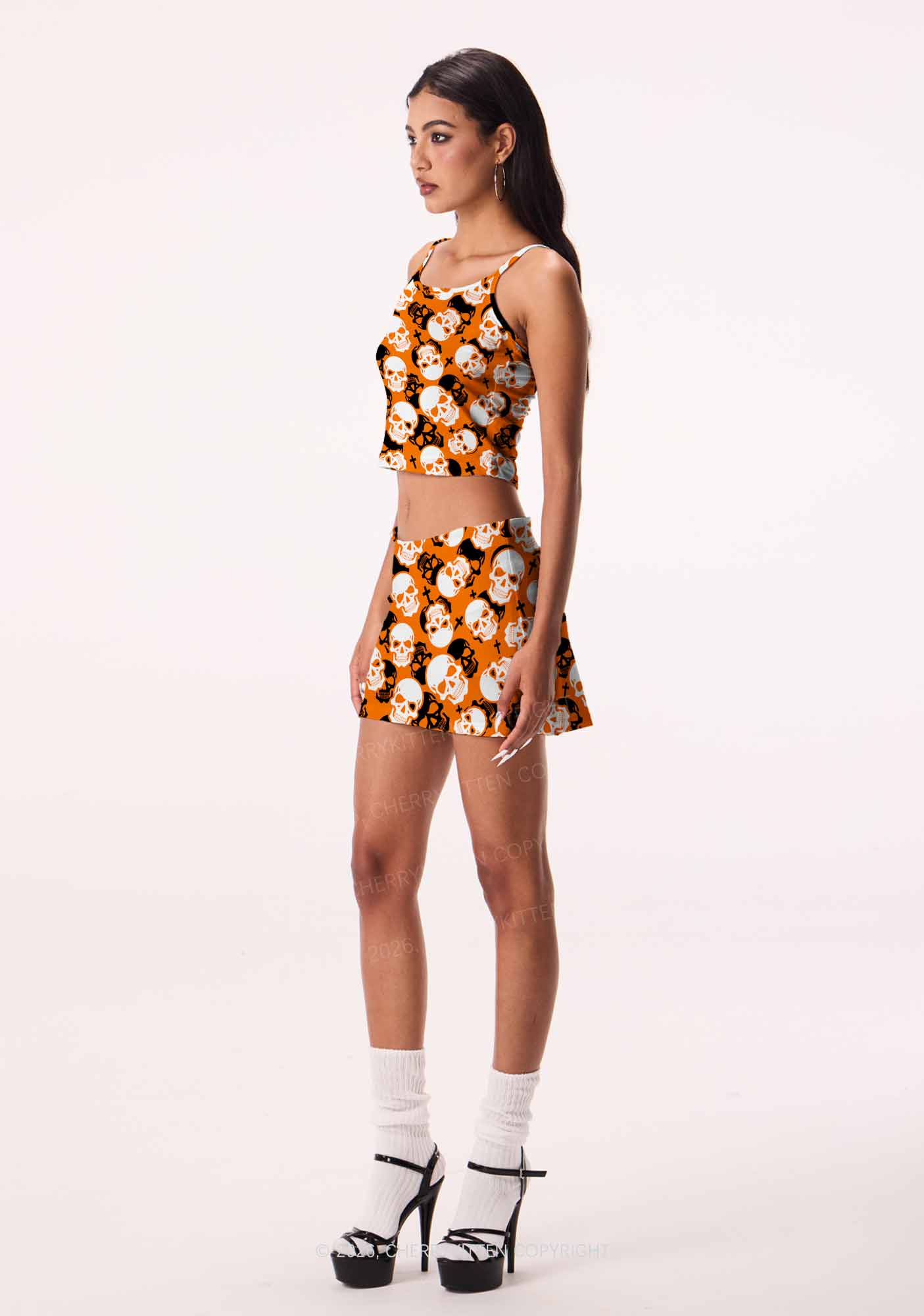 Halloween Orange Skull Cross Y2K Print Mini Skirt Cherrykitten