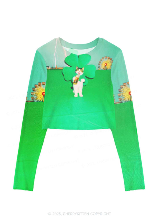 Lucky Cat St Patricks Y2K Mesh Long Sleeve Crop Top Cherrykitten