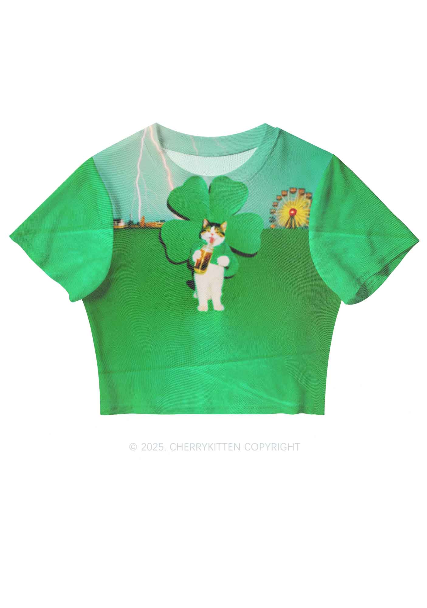 Lucky Cat St Patricks Y2K Mesh Crop Top Cherrykitten