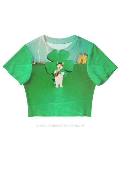 Lucky Cat St Patricks Y2K Mesh Crop Top Cherrykitten