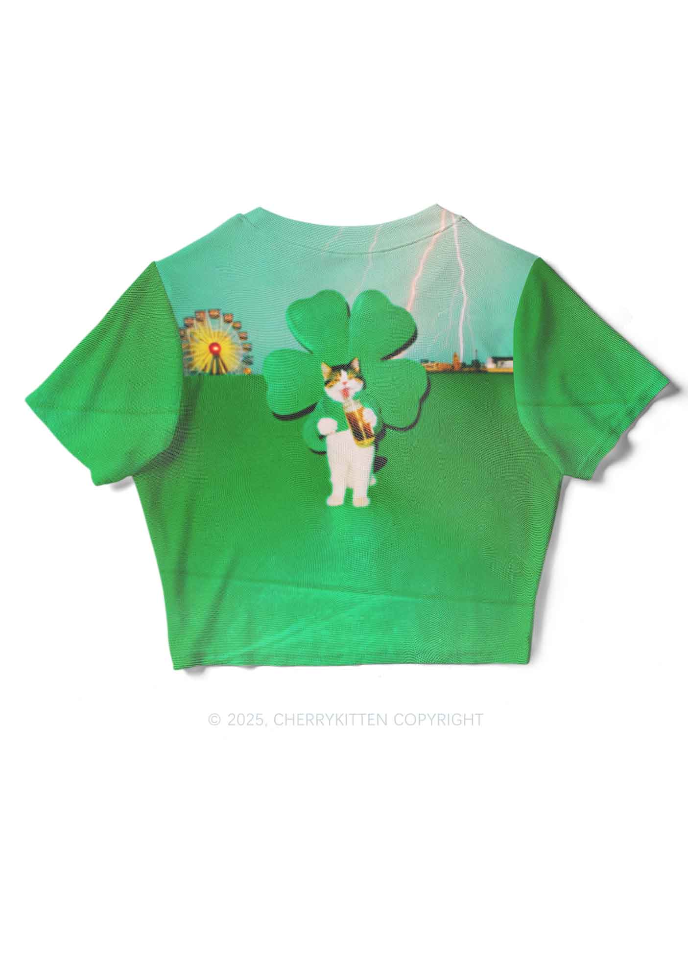 Lucky Cat St Patricks Y2K Mesh Crop Top Cherrykitten