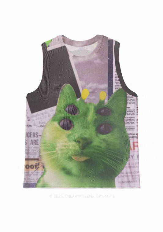 Green Alien Kitten Y2K Mesh Muscle Tank Cherrykitten