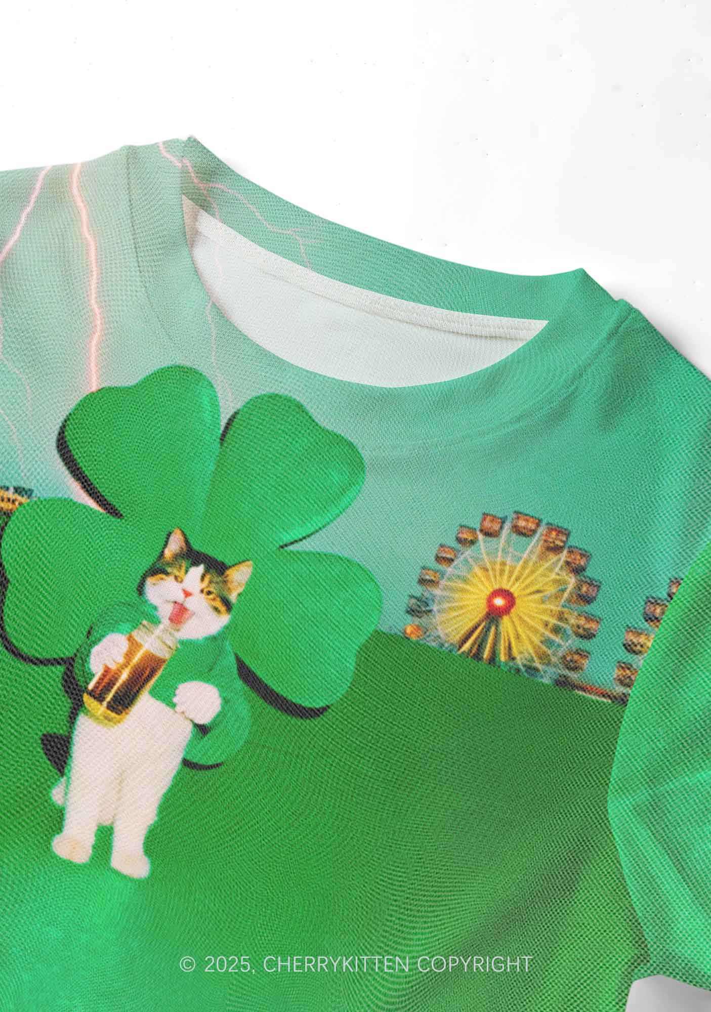 Lucky Cat St Patricks Y2K Mesh Crop Top Cherrykitten