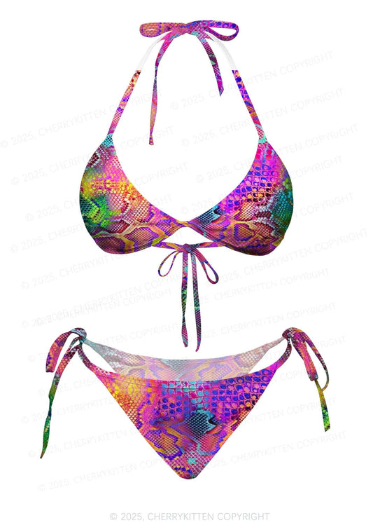 Rainbow Snake Skin Y2K Print Bikini Set Cherrykitten