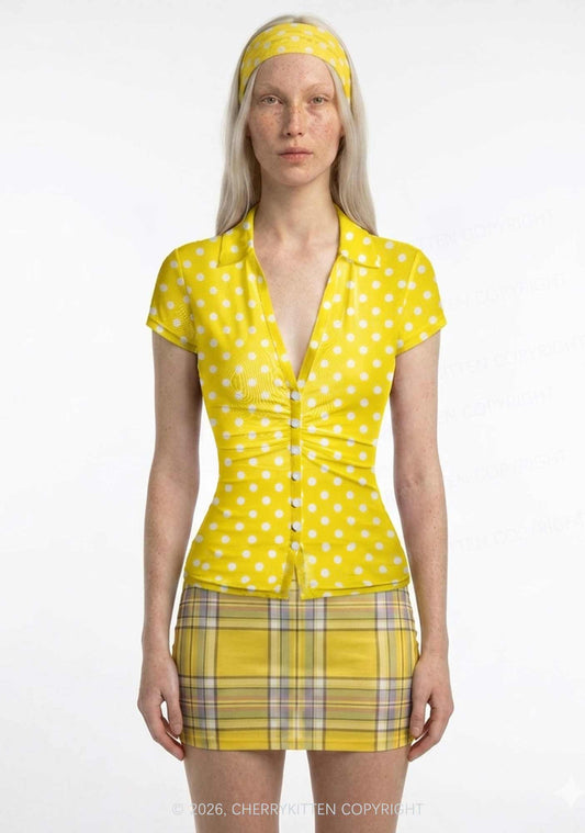 White Dots On Yellow Y2K Mesh Ruched Waist V Neck Top Cherrykitten