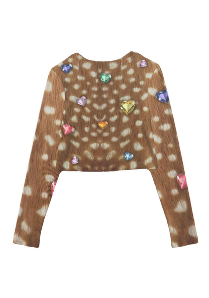 Leopard With Gems Y2K Mesh Long Sleeve Crop Top Cherrykitten