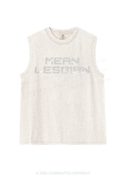 Rhinestone Mean Lesbian Pride Y2K Washed Muscle Tank Cherrykitten