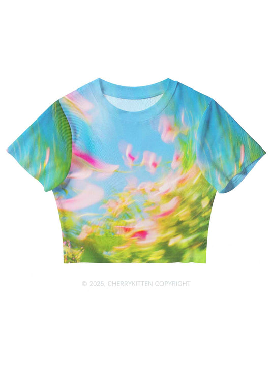 Blurred Blooms Y2K Mesh Crop Top Cherrykitten