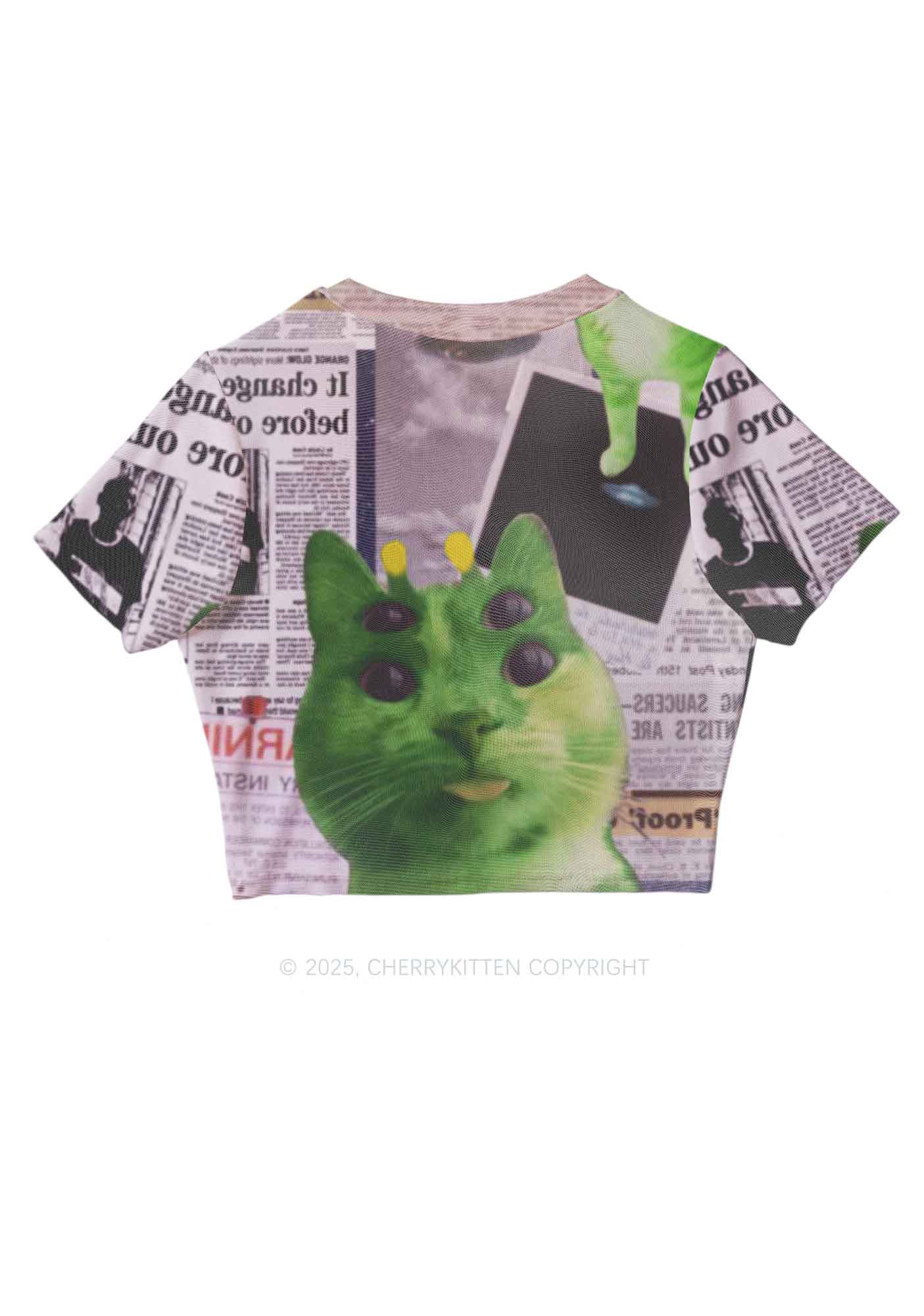 Green Alien Kitten Y2K Mesh Crop Top Cherrykitten