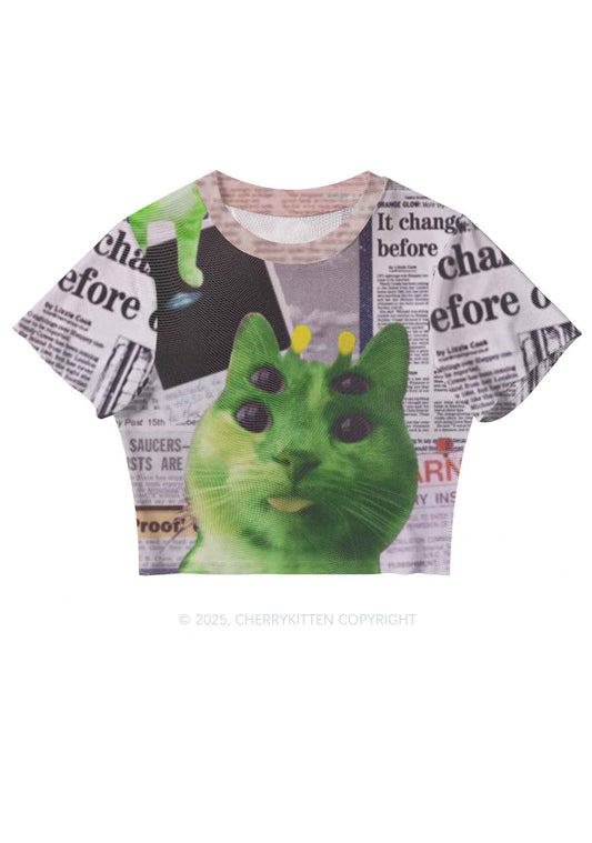 Green Alien Kitten Y2K Mesh Crop Top Cherrykitten